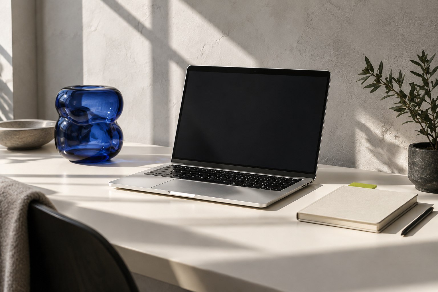 A bright creative workspace with a laptop, notebook and blue glass sculpture